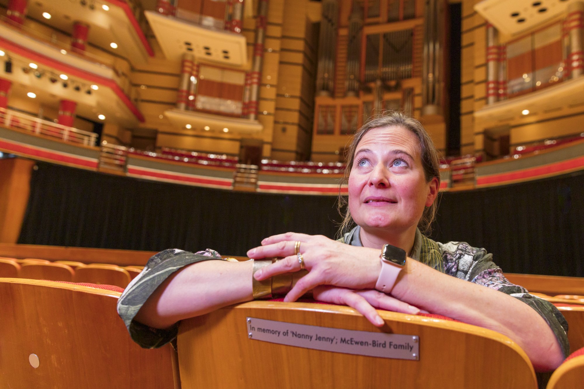 Ciara Bird sits in the seat she dedicates to her Scottish grandmother, Jenny McEwen.