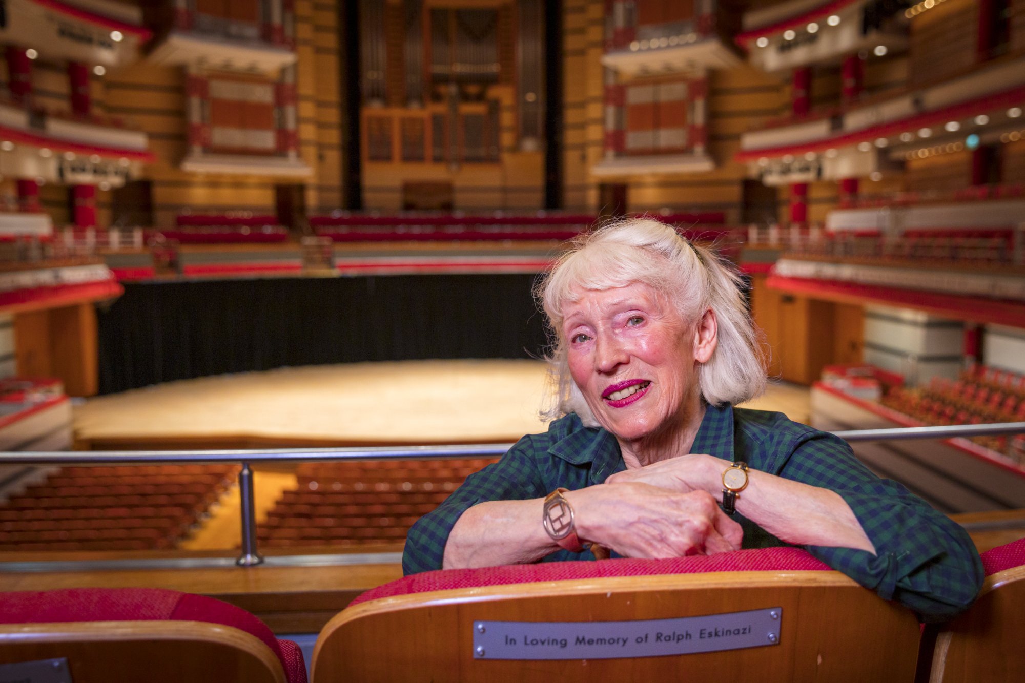 Valerie Eskinazi in the seat she dedicates to her late husband, Ralph Eskinazi.